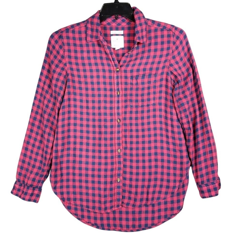 American Eagle Outfitters Pink and Navy Plaid Button-Down Shirt